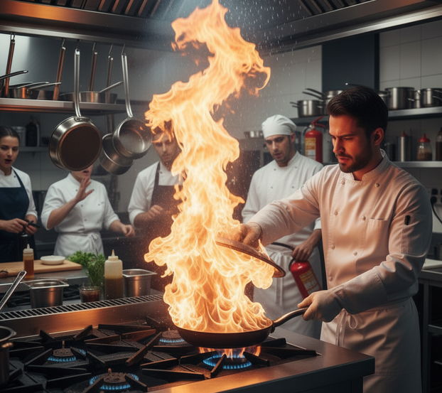 부엌에서 불이 나는 장면