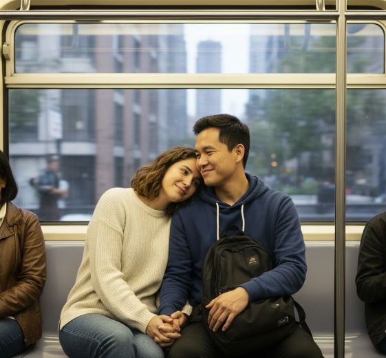남자친구, 여자친구와 함께 전철을 타고 손을 잡고 있는 이미지