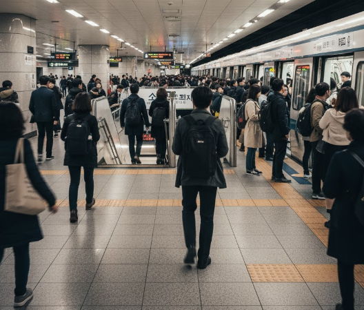 전철을 갈아타는 다양한 사람이 나오는 사진