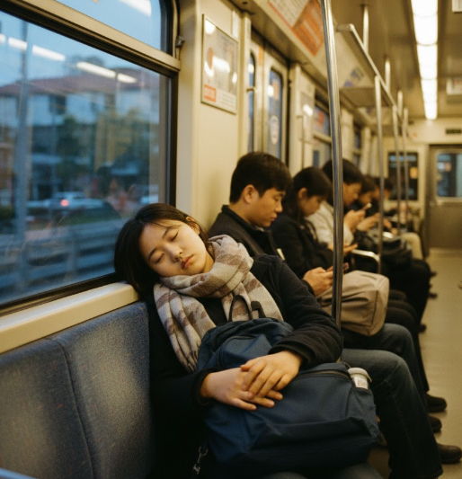 여자가 전철에서 자는 고단한 모습