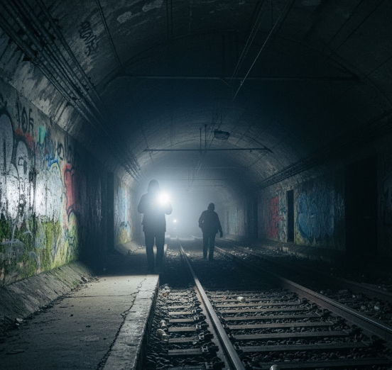 선로를 걷는 사람들의 모습